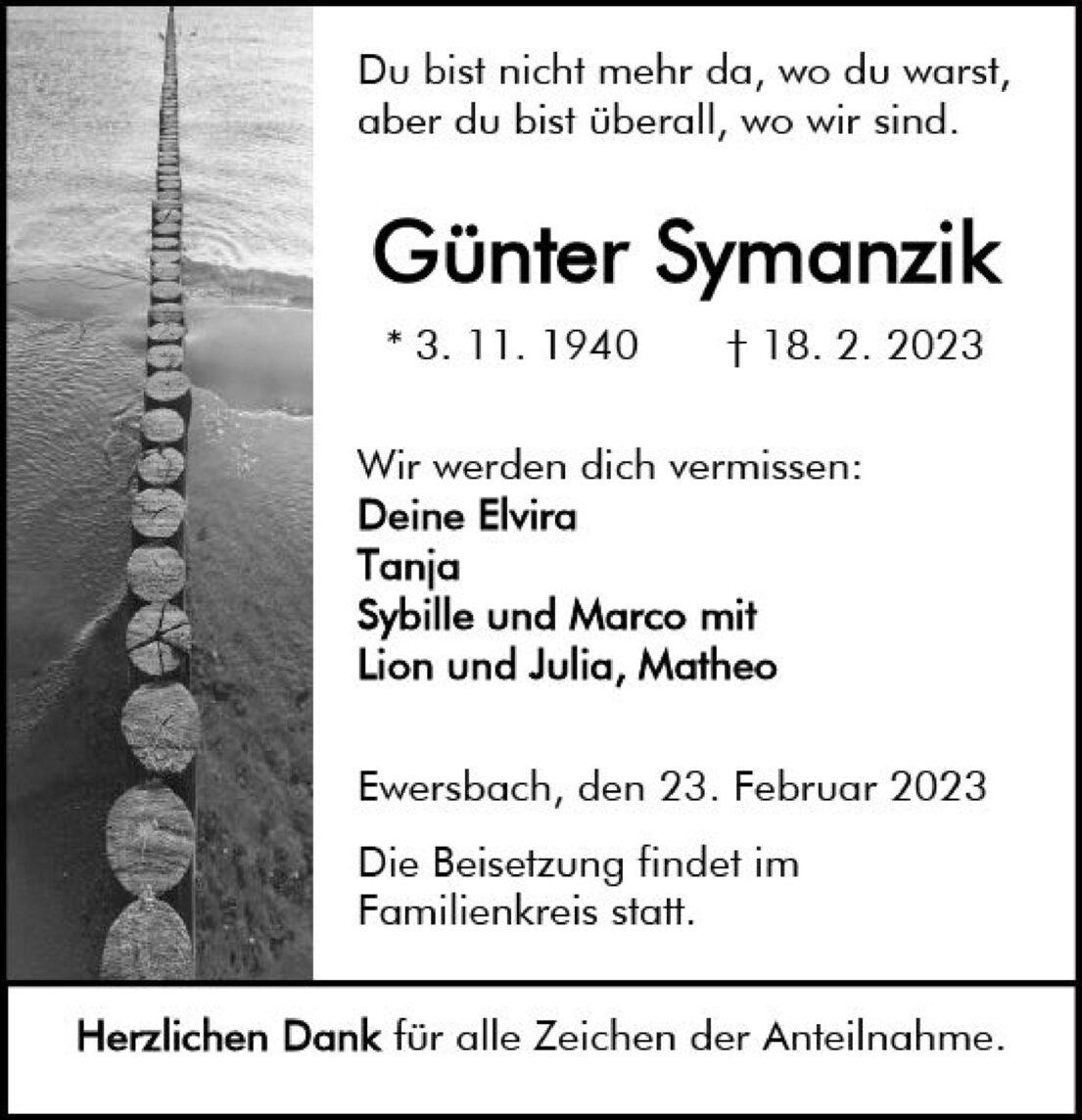 Traueranzeige f&uuml;r G&uuml;nter Symanzik mit Geburts- und Sterbedatum sowie Namen der Angeh&ouml;rigen und Beisetzungsinformationen.