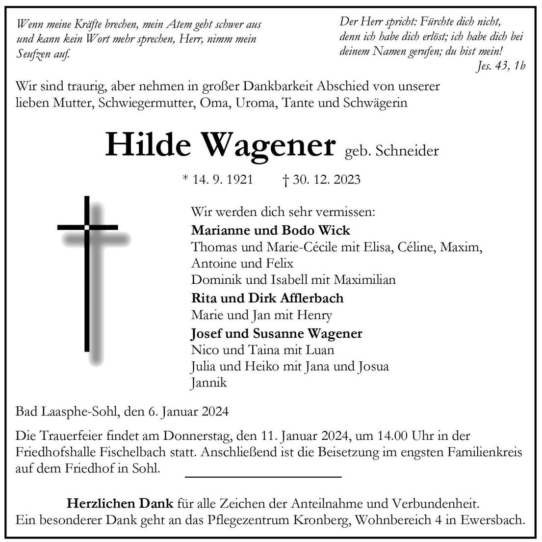 Traueranzeige f&uuml;r Hilde Wagener, geb. Schneider, mit Namensnennungen und Terminen der Trauerfeier.