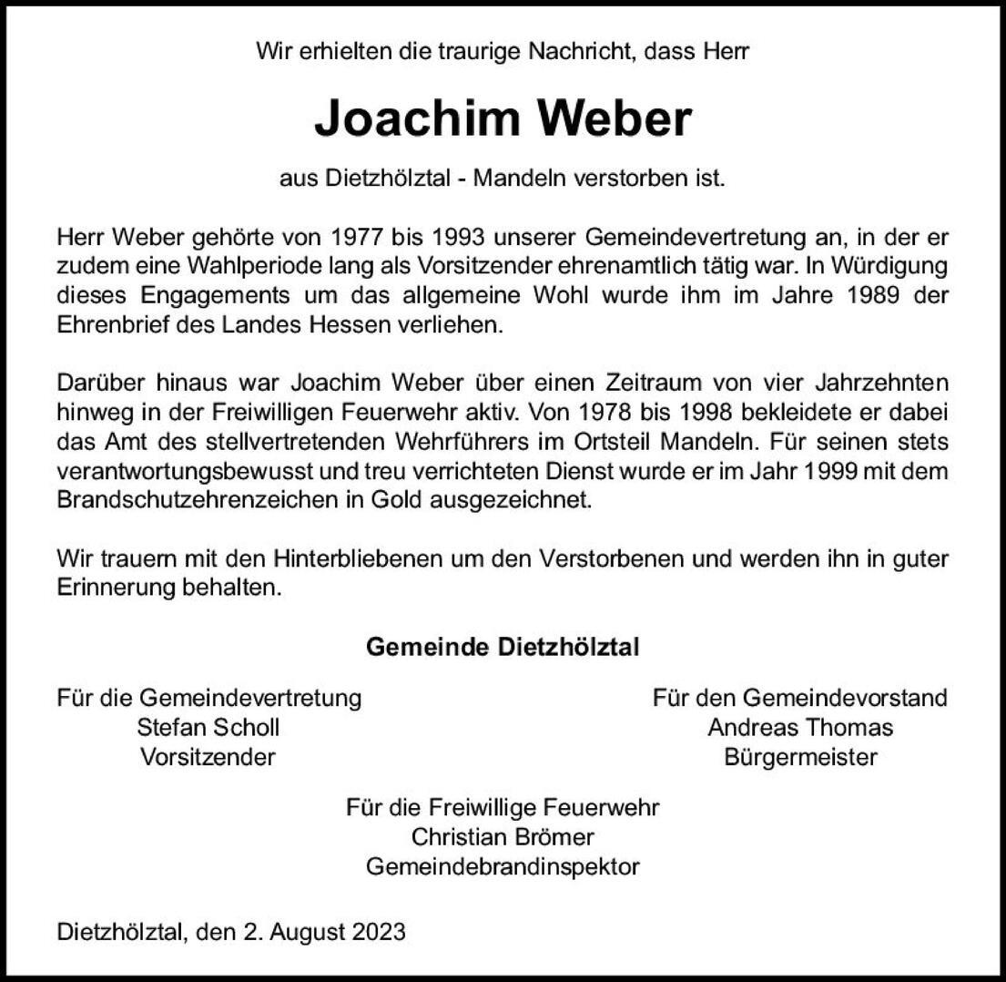 Traueranzeige f&uuml;r Joachim Weber, verstorben aus Dietzh&ouml;ltal, mit Informationen zu seinem Engagement im Gemeinderat und der Feuerwehr.