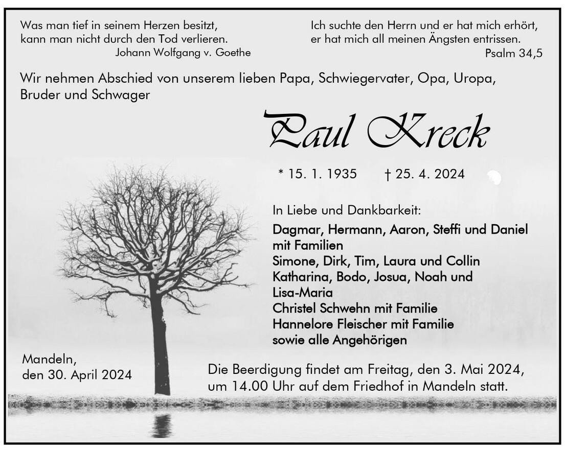 Traueranzeige Paul Kreck