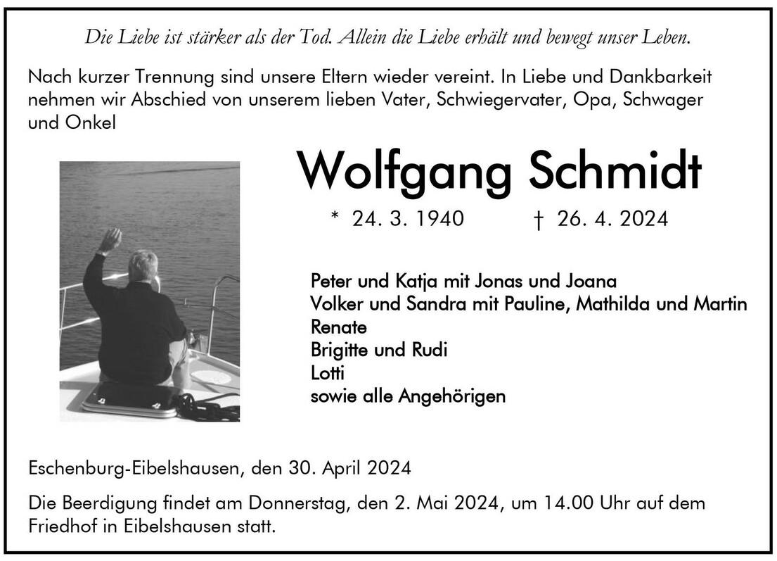Traueranzeige Wolfgang Schmidt