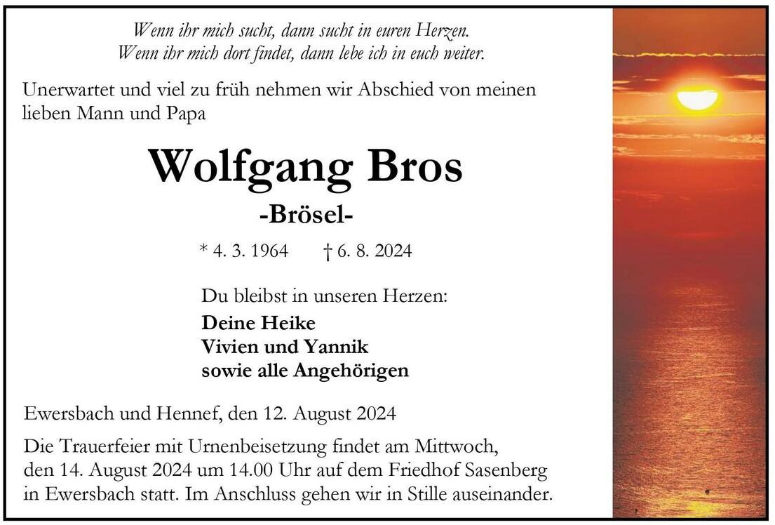 Traueranzeige Wolfgang Bros