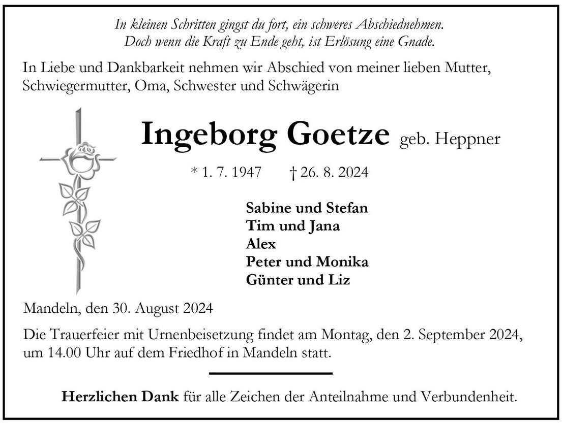 Traueranzeige Ingeborg Goetze