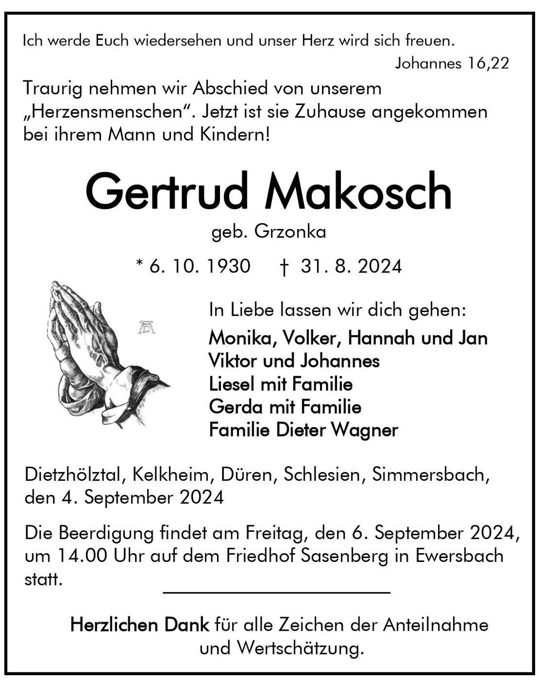 Traueranzeige Gertrud Makosch
