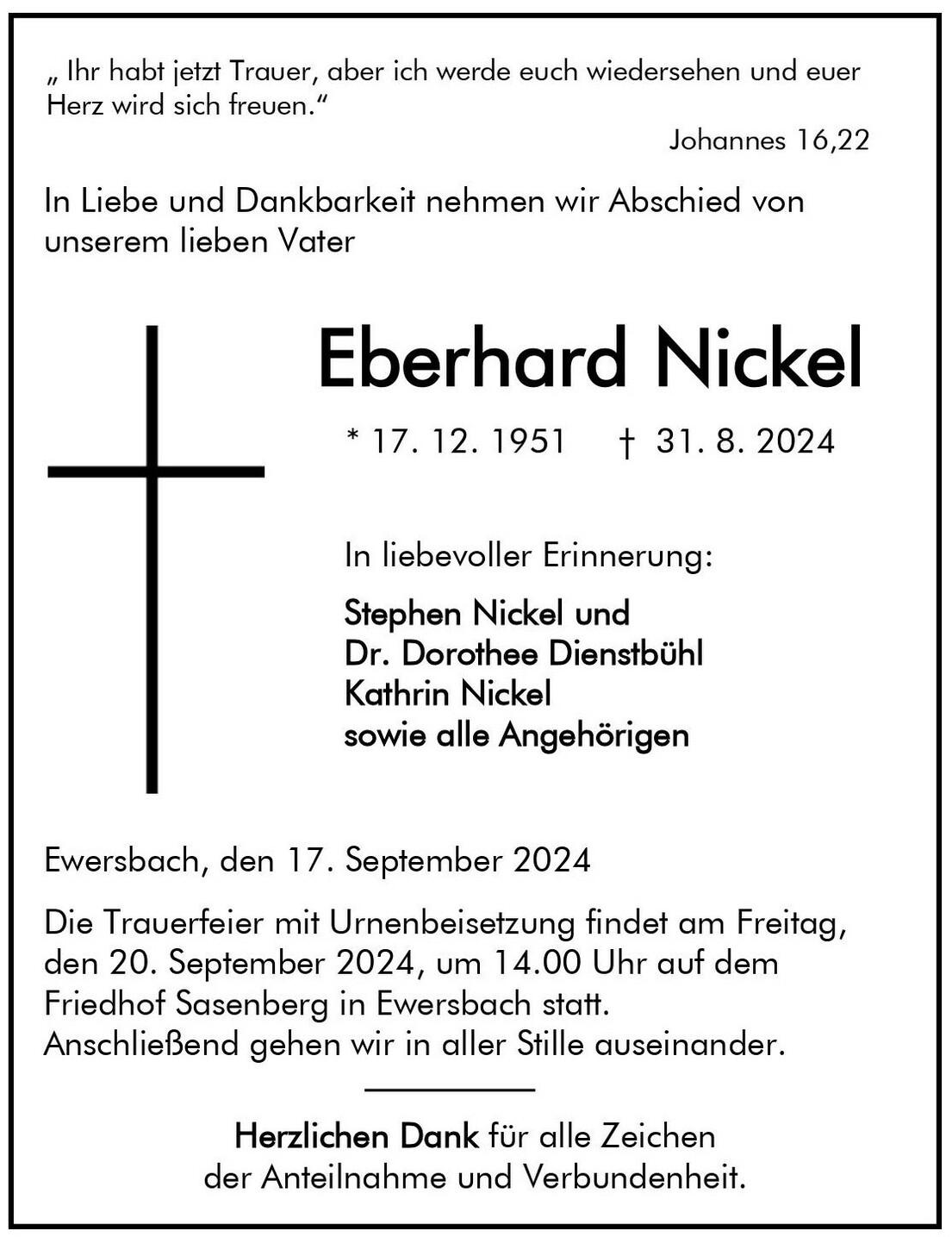 Traueranzeige für Eberhard Nickel mit Daten zu Geburt, Tod und Trauerfeier in Ewersbach.
