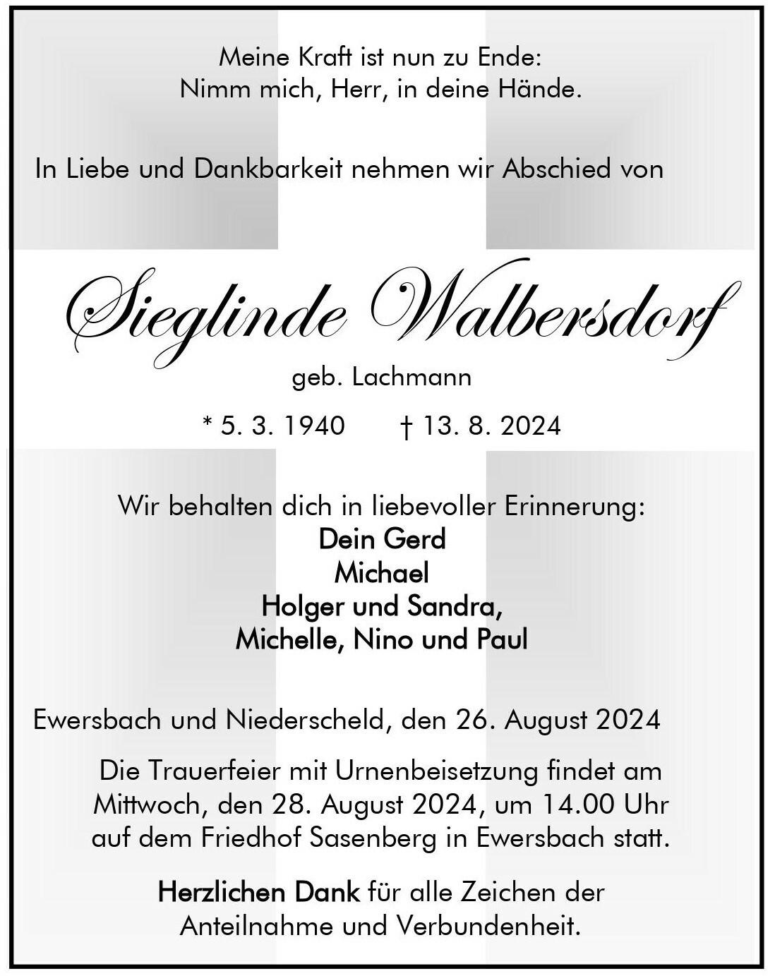 Traueranzeige Sieglinde Walbersdorf