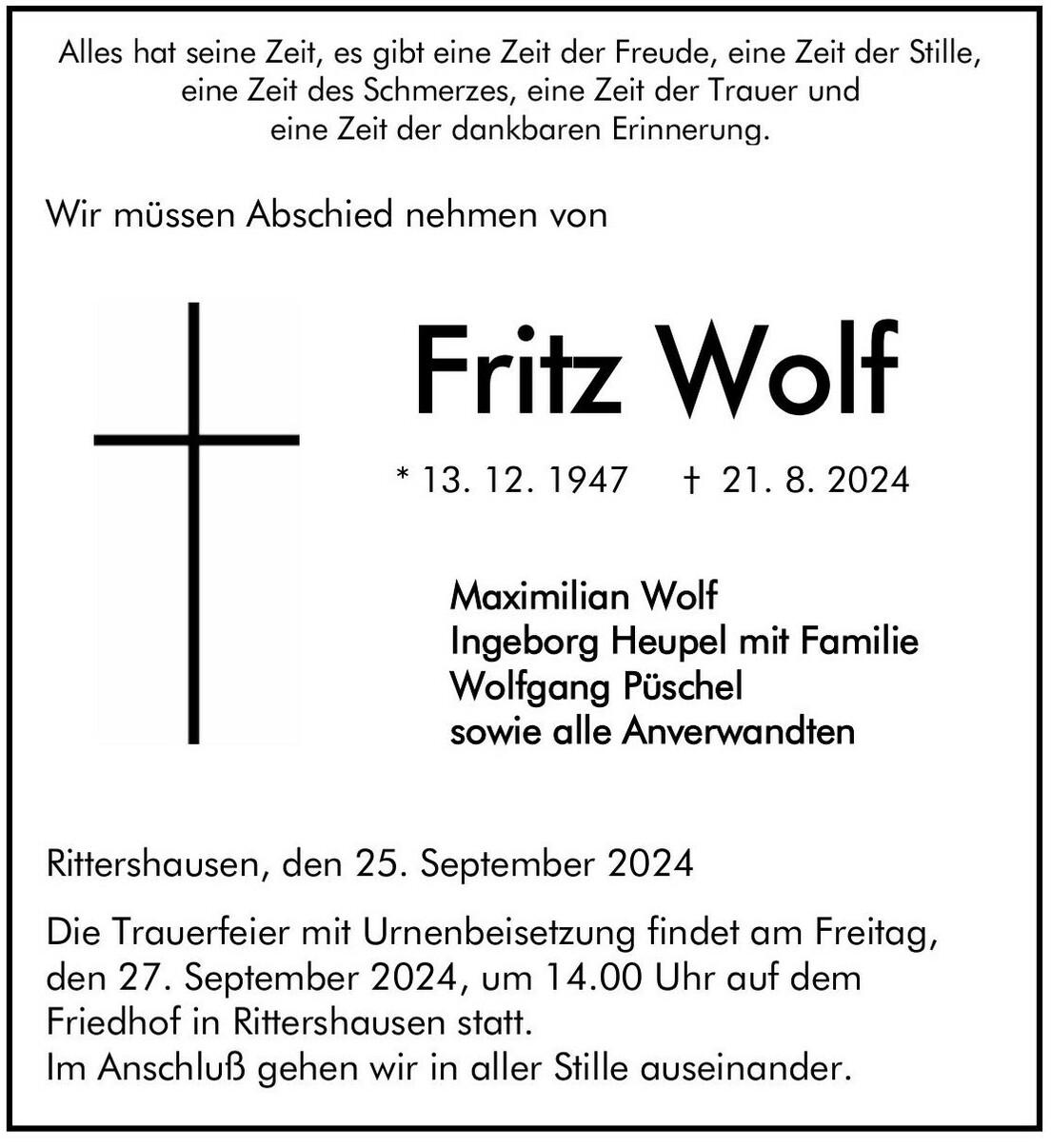 Traueranzeige Fritz Wolf