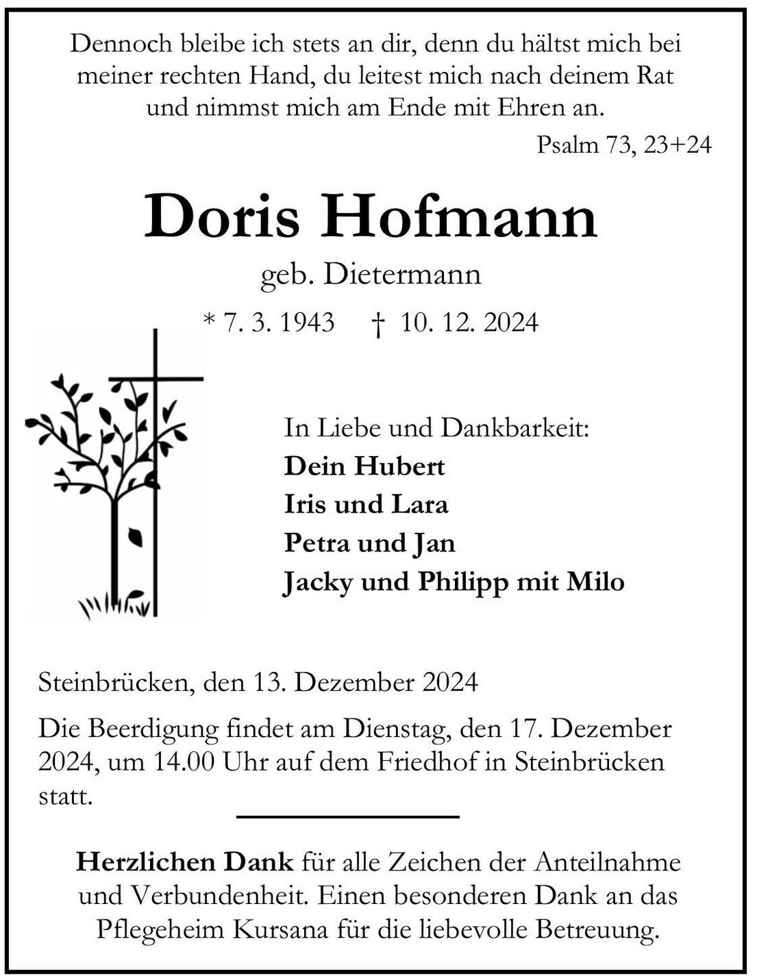 Traueranzeige Doris Hofmann