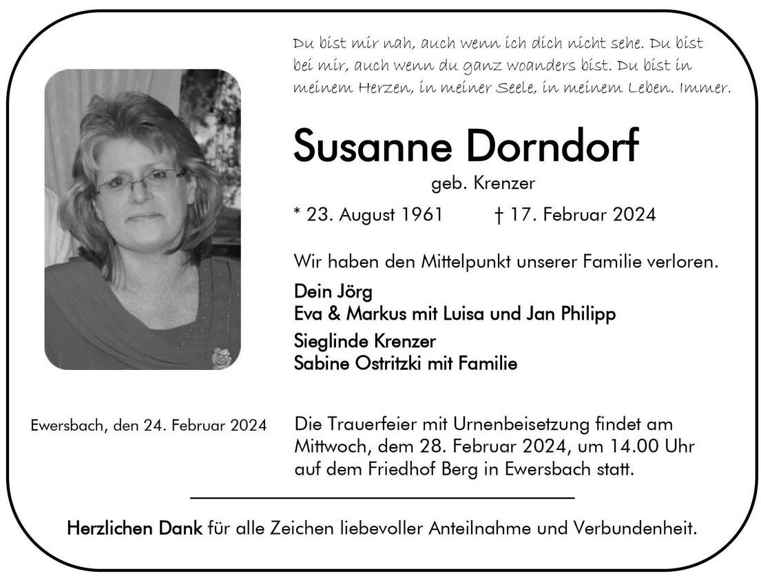 Traueranzeige Susanne Dorndorf