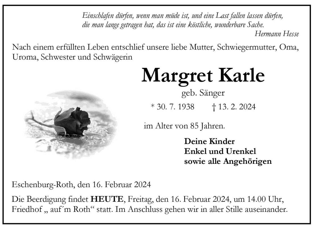 Traueranzeige Margret Karle