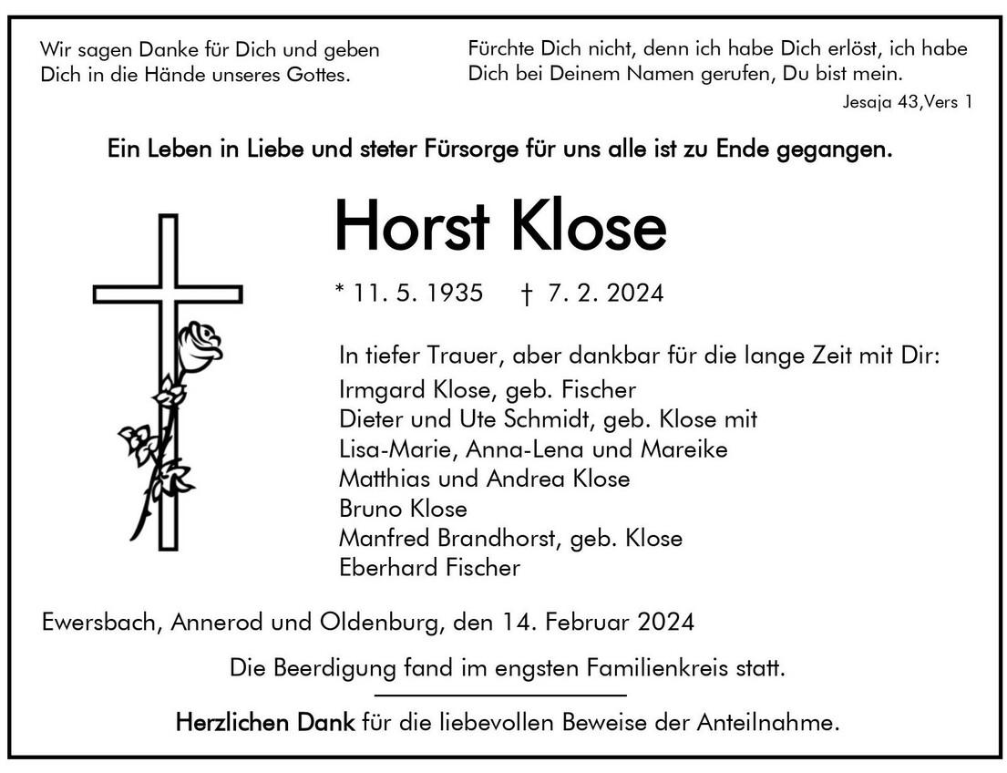 Traueranzeige Horst Klose