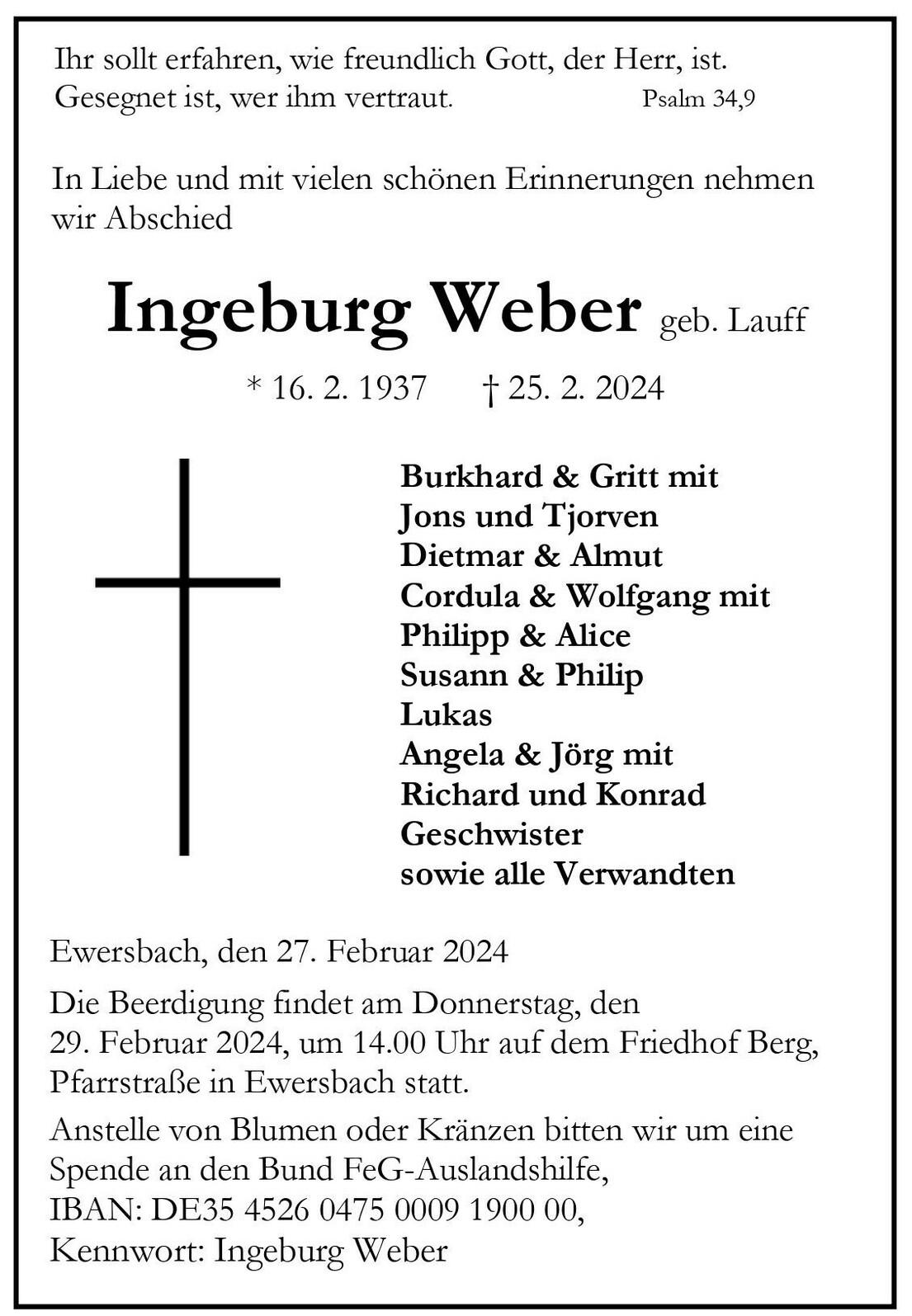 Traueranzeige Ingeburg Weber