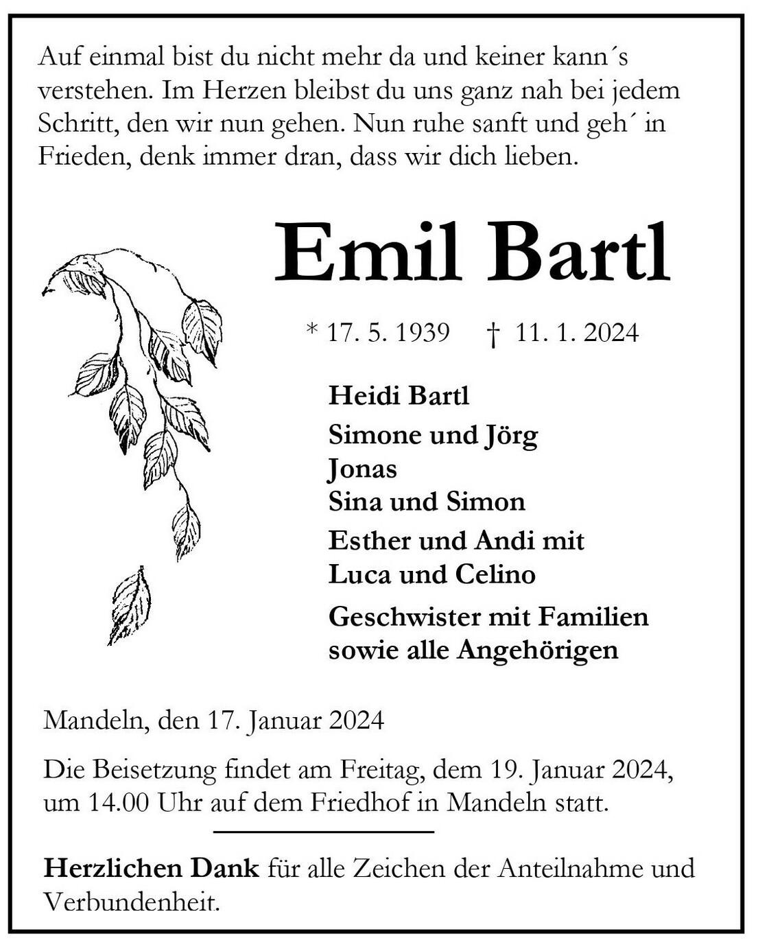Traueranzeige Emil Bartl