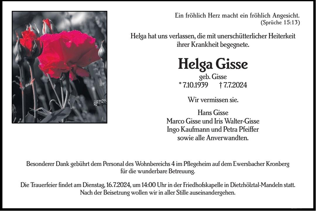 Traueranzeige Helga Gisse