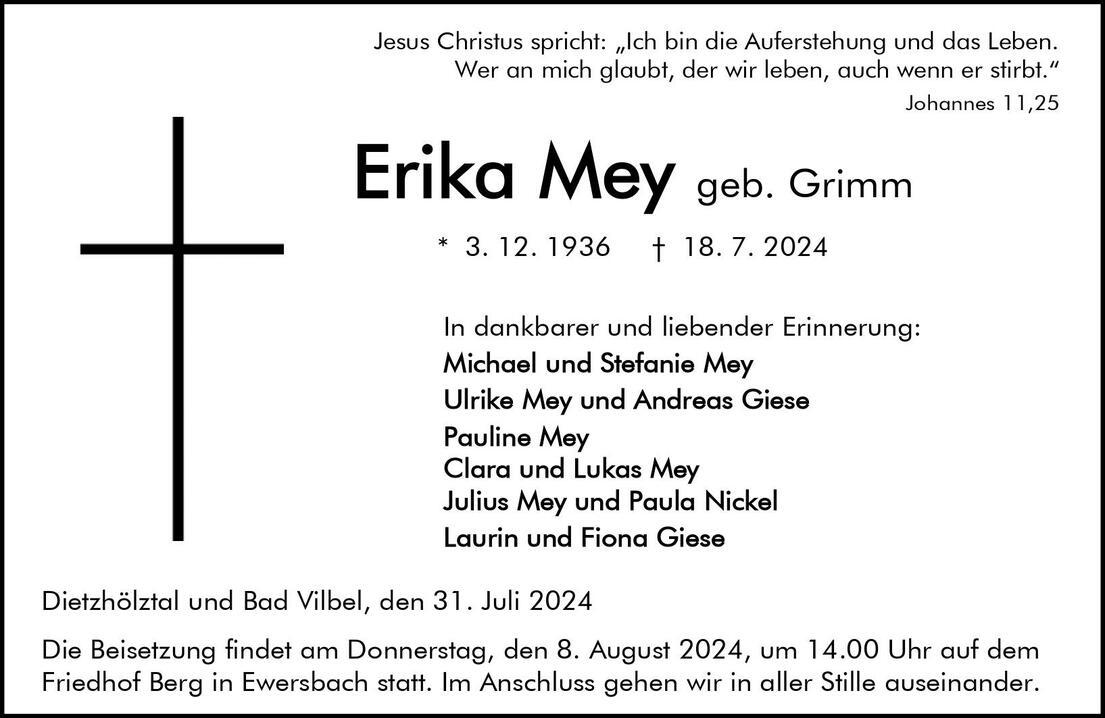 Traueranzeige Erika Mey