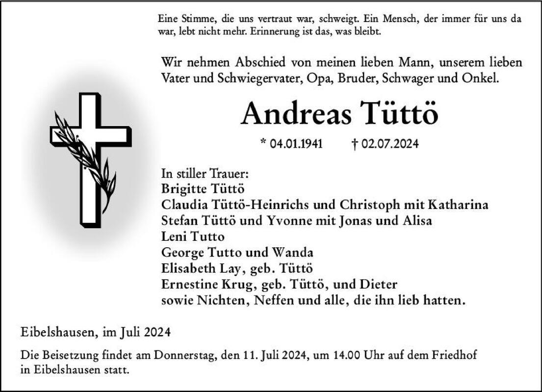 Traueranzeige Andreas Tüttö
