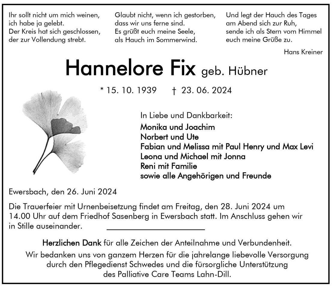 Traueranzeige Hannelore Fix