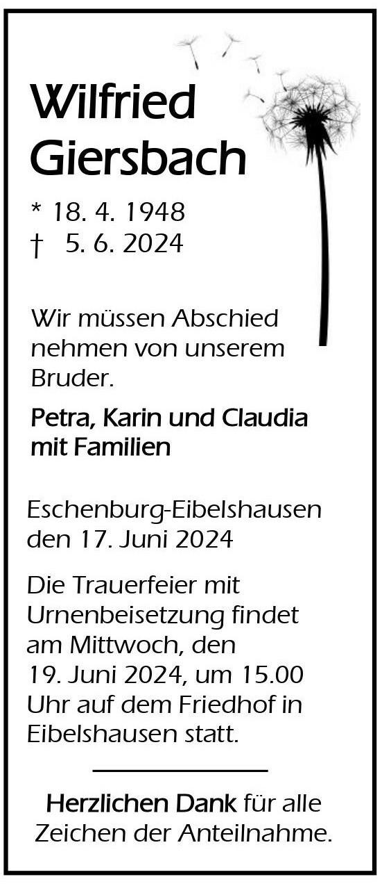 Traueranzeige Wilfried Giersbach
