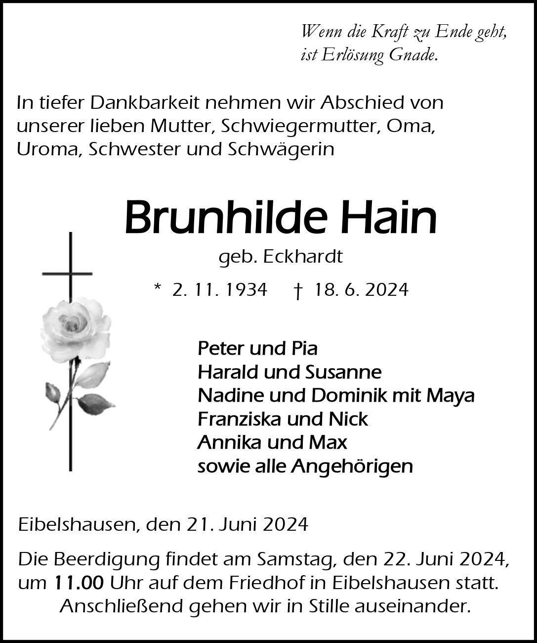 Traueranzeige Brunhilde Hain