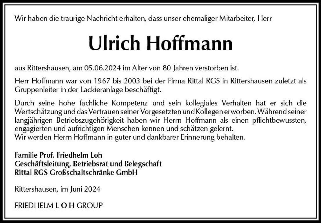 Nachruf für Ulrich Hoffmann, ehemaliger Mitarbeiter der Firma Rittal RGS, verstorben am 05.06.2024 im Alter von 80 Jahren.