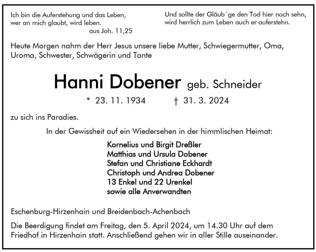 Traueranzeige Hannelore Dobener