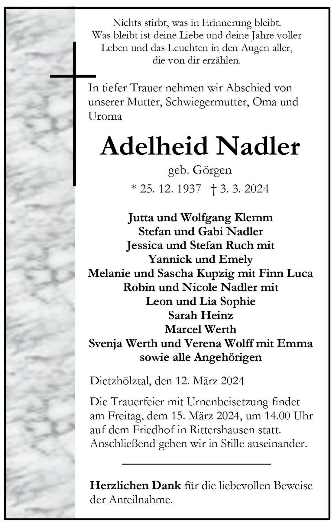 Traueranzeige Adelheid Nadler