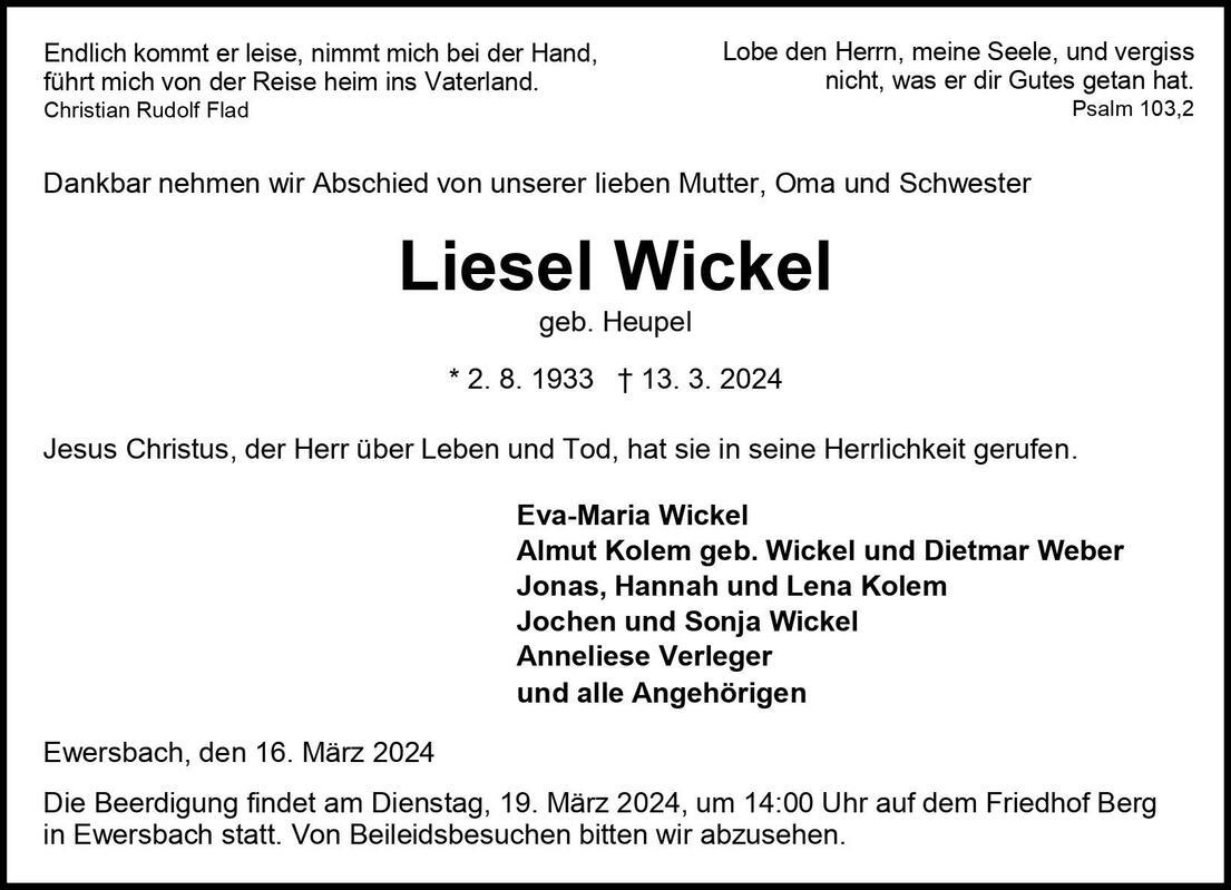 Traueranzeige Liesel Wickel