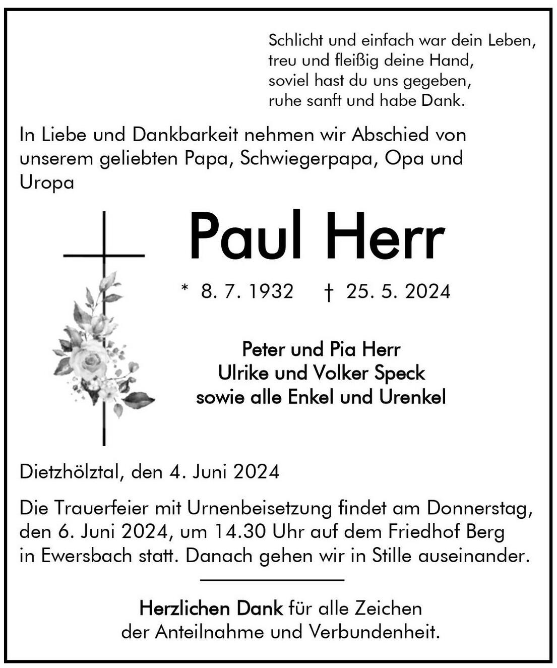 Traueranzeige Paul Herr