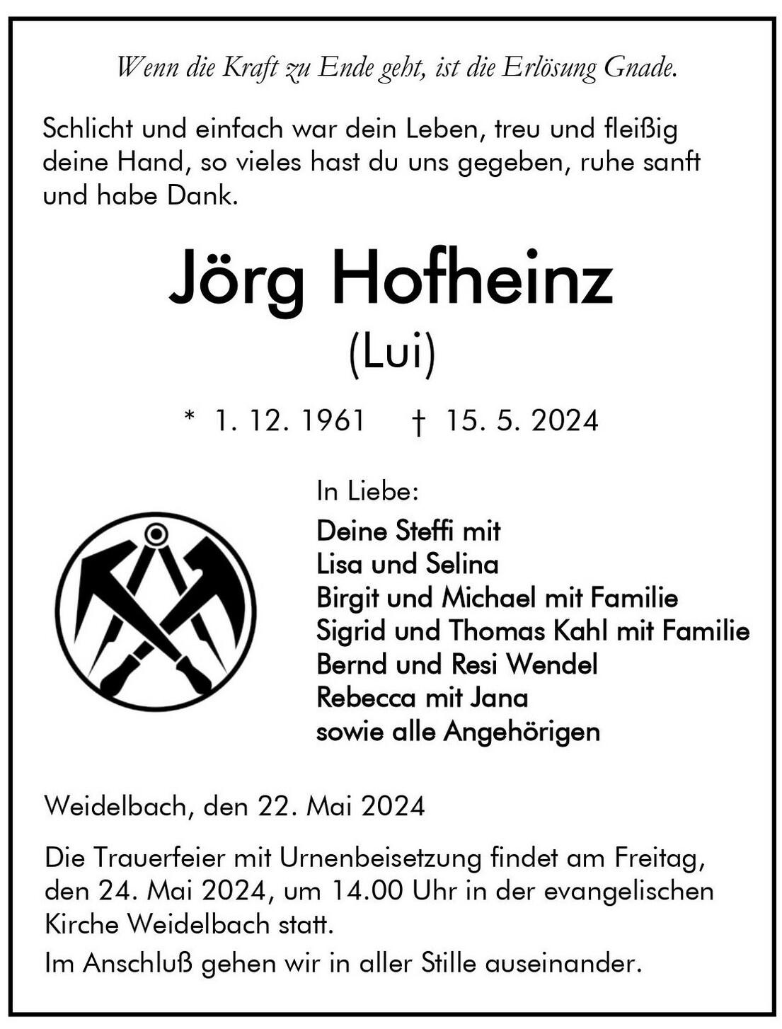 Traueranzeige Jörg Hofheinz