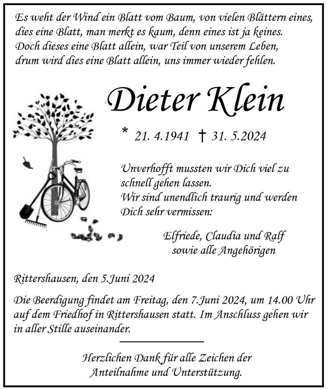 Traueranzeige Dieter Klein