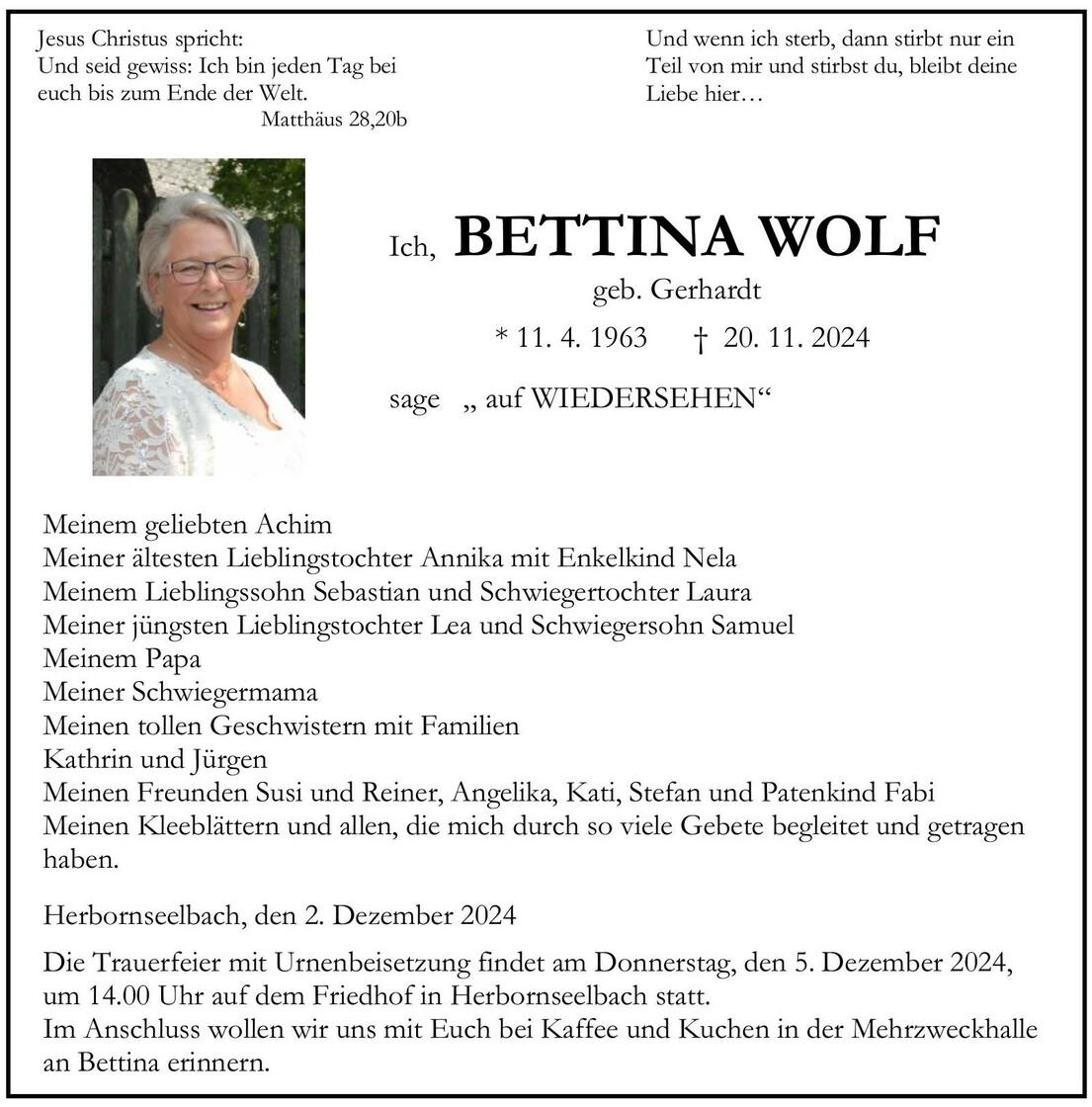 Traueranzeige Bettina Wolf