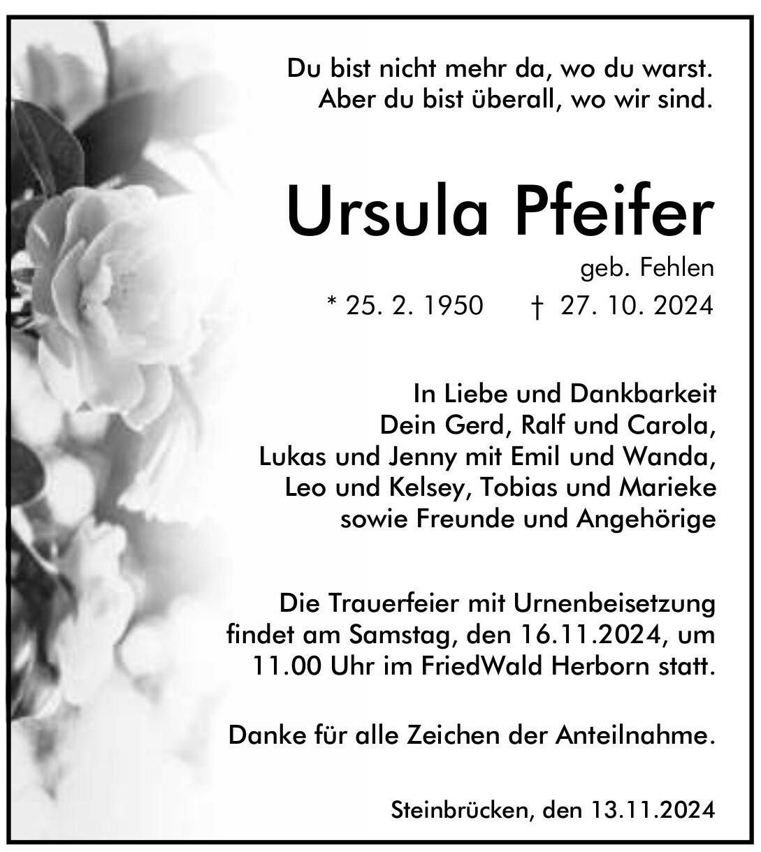 Traueranzeige Ursula Pfeifer