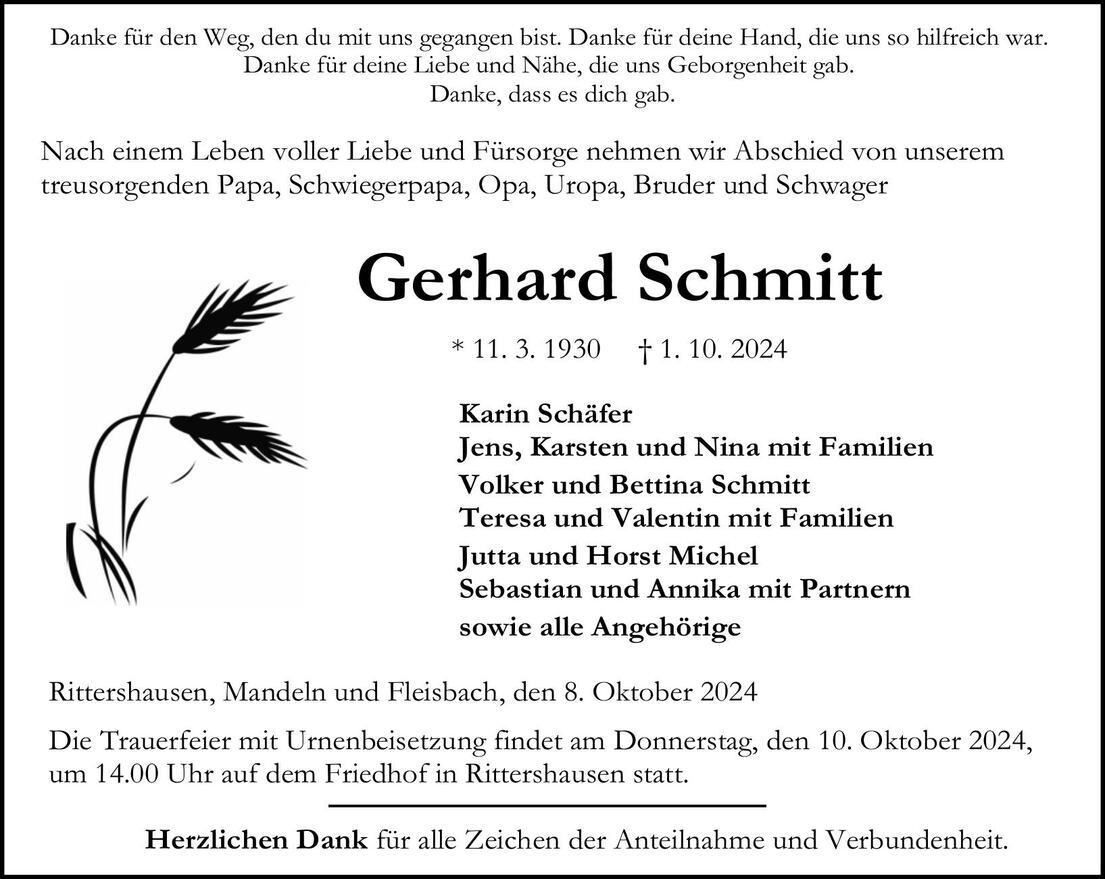Traueranzeige Gerhard Schmitt