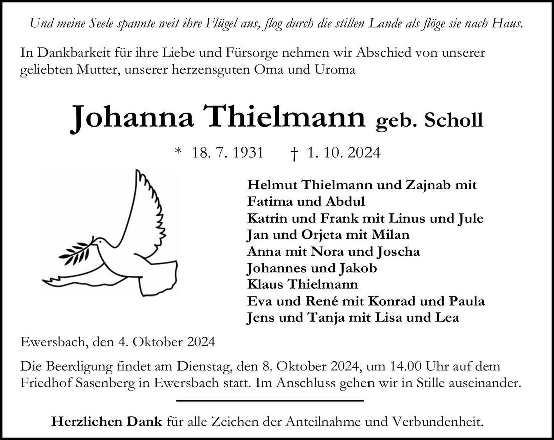 Traueranzeige Johanna Thielmann