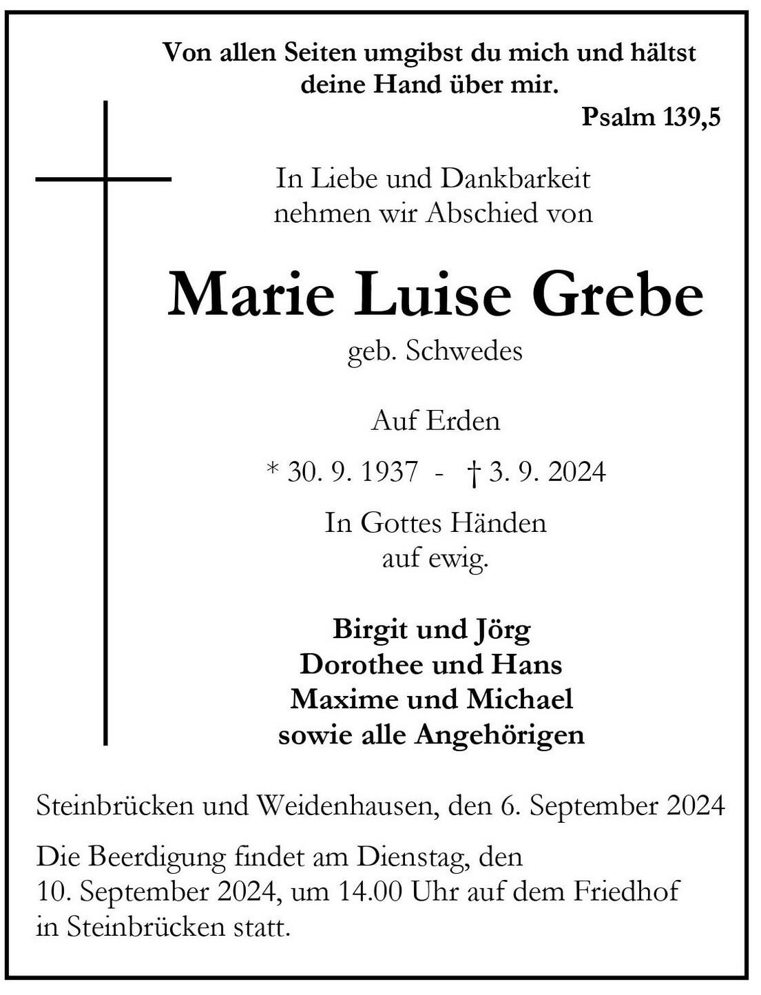 Traueranzeige für Marie Luise Grebe mit Angaben zum Geburtsdatum, Sterbedatum und Beerdigungstermin.