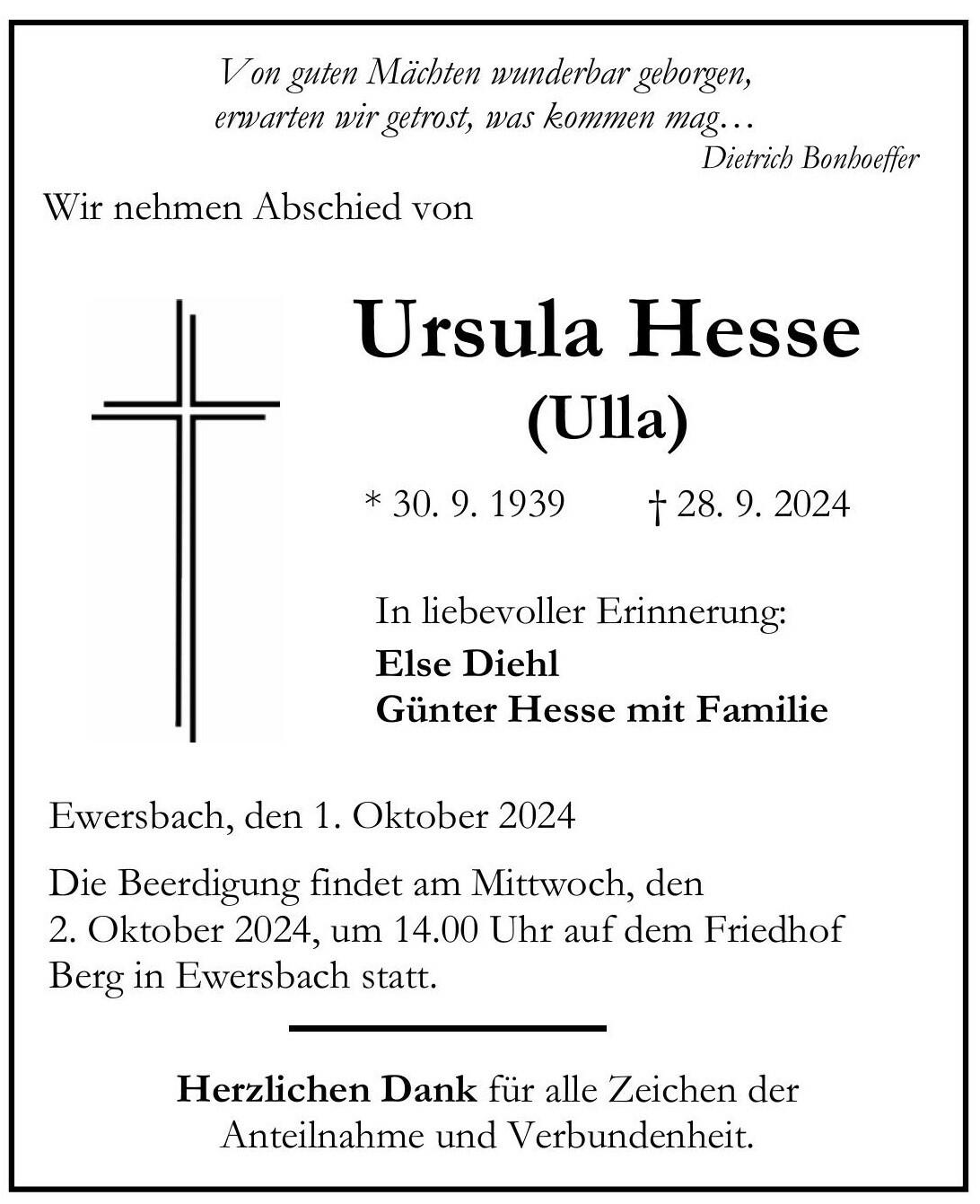 Traueranzeige Ursula Hesse