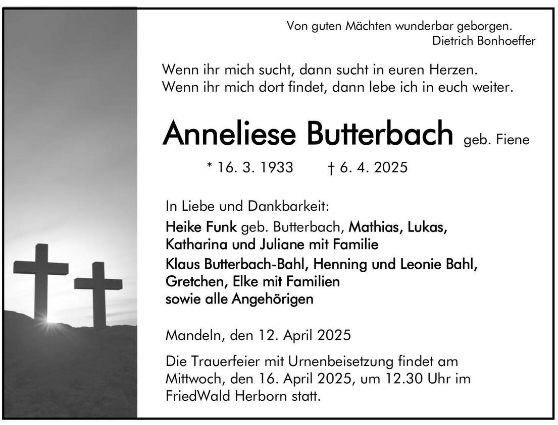 Traueranzeige Anneliese Butterbach
