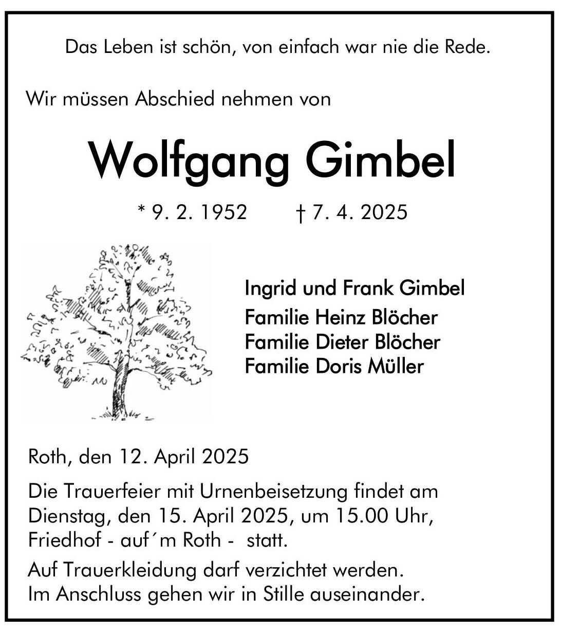 Traueranzeige Wolfgang Gimbel