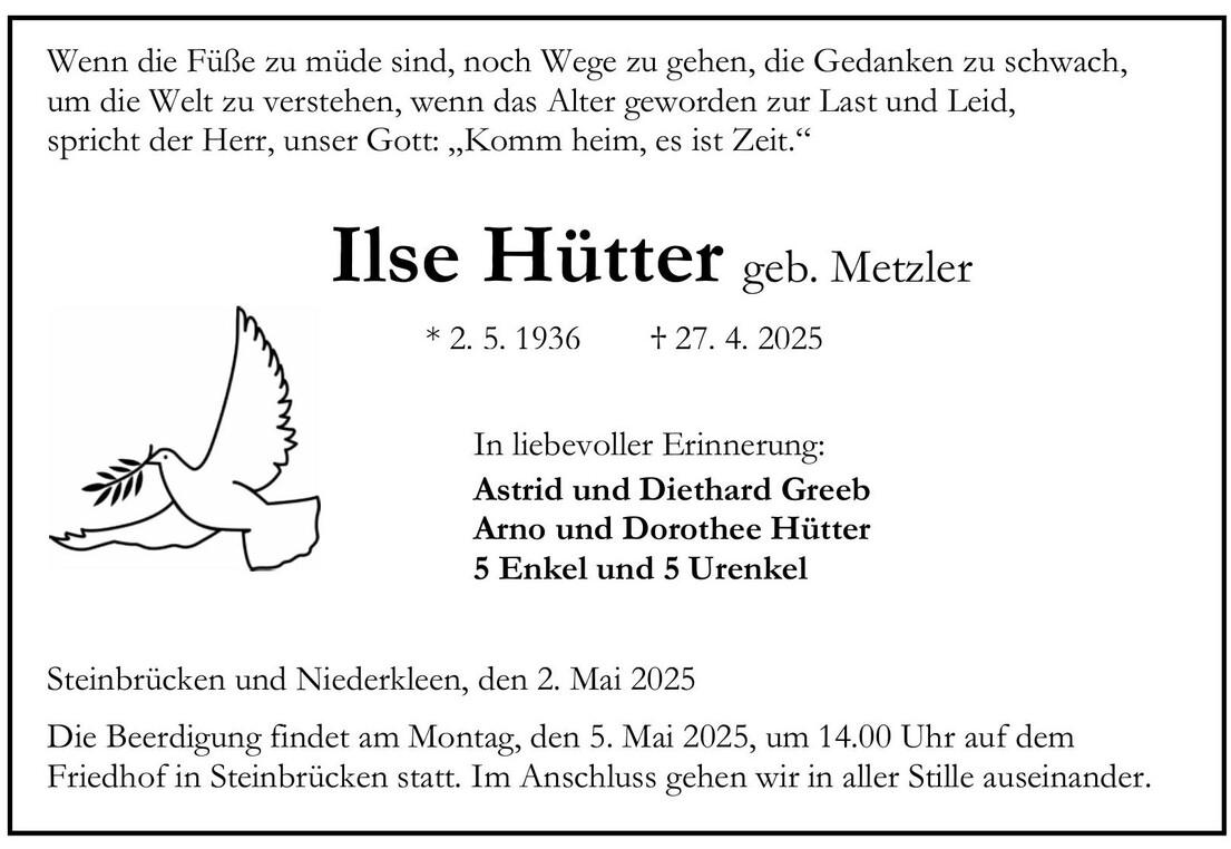 Traueranzeige Ilse Hütter