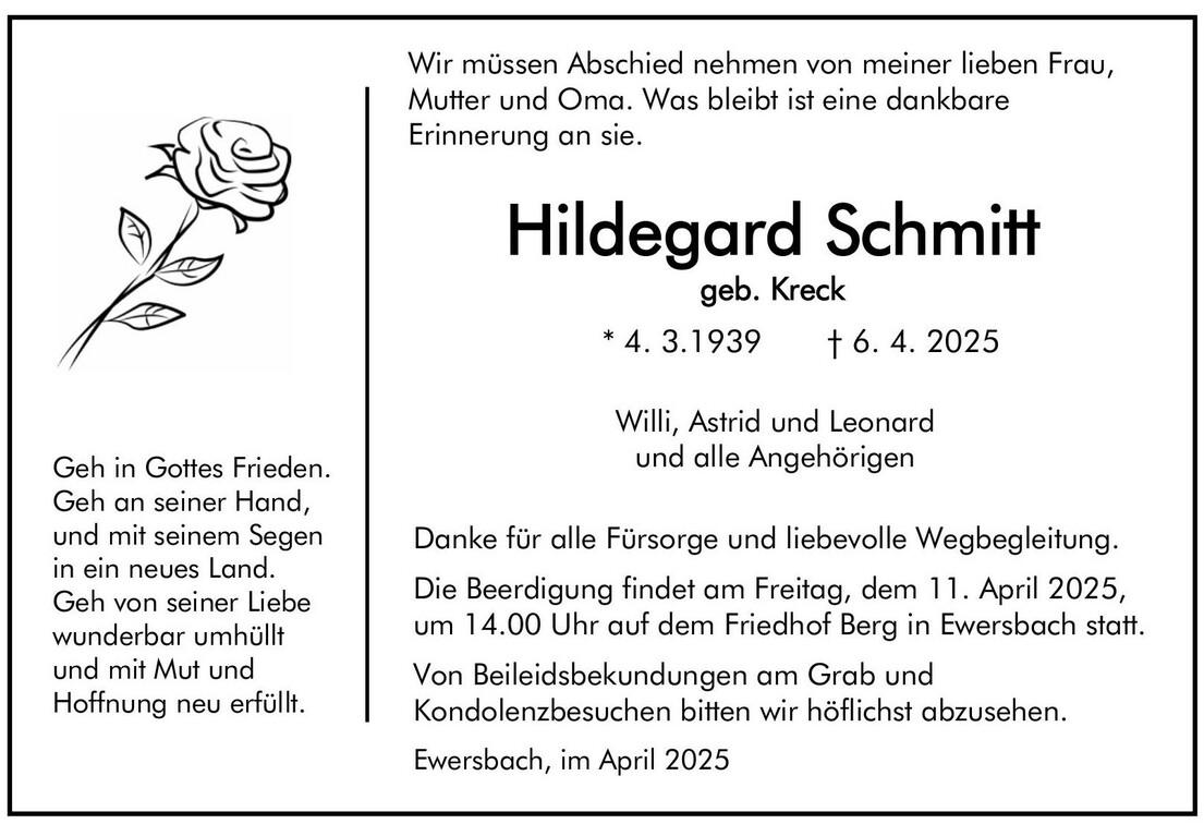 Traueranzeige Hildegard Schmitt