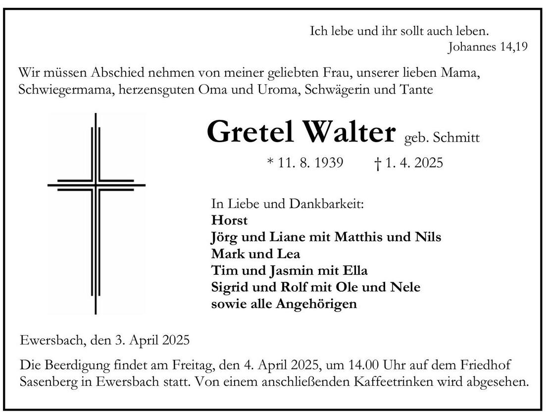 Traueranzeige Gretel Walter