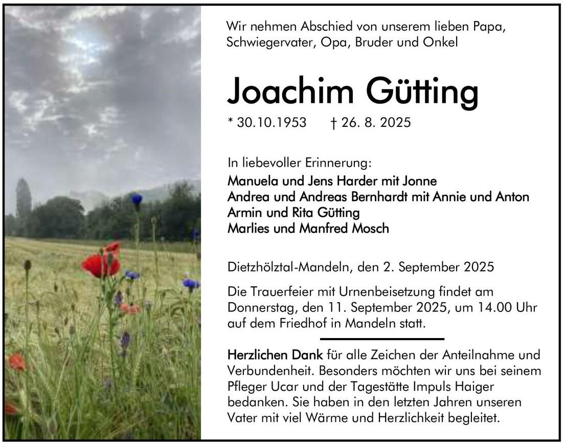 Traueranzeige Joachim Gütting