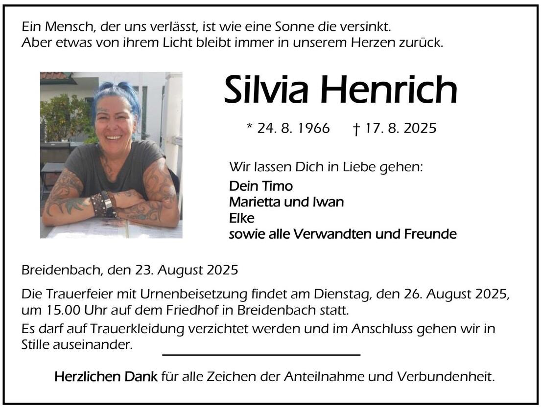 Traueranzeige Silvia Henrich