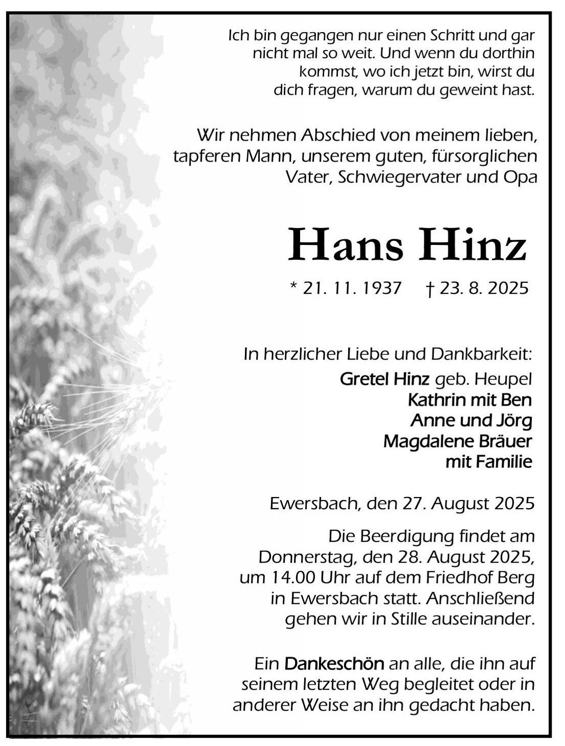 Traueranzeige Hans Hinz