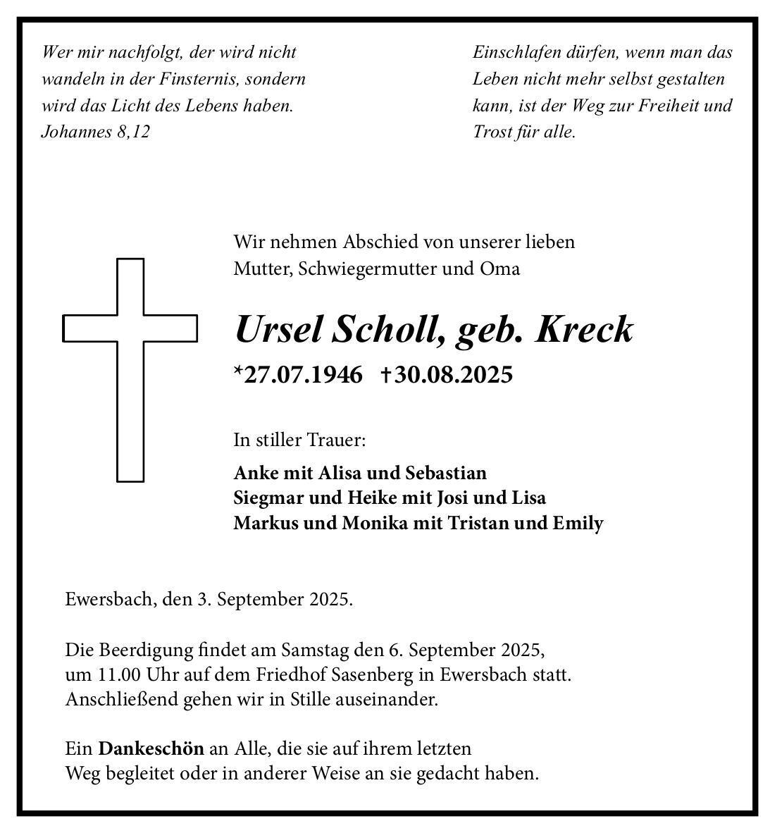 Traueranzeige Ursel Scholl