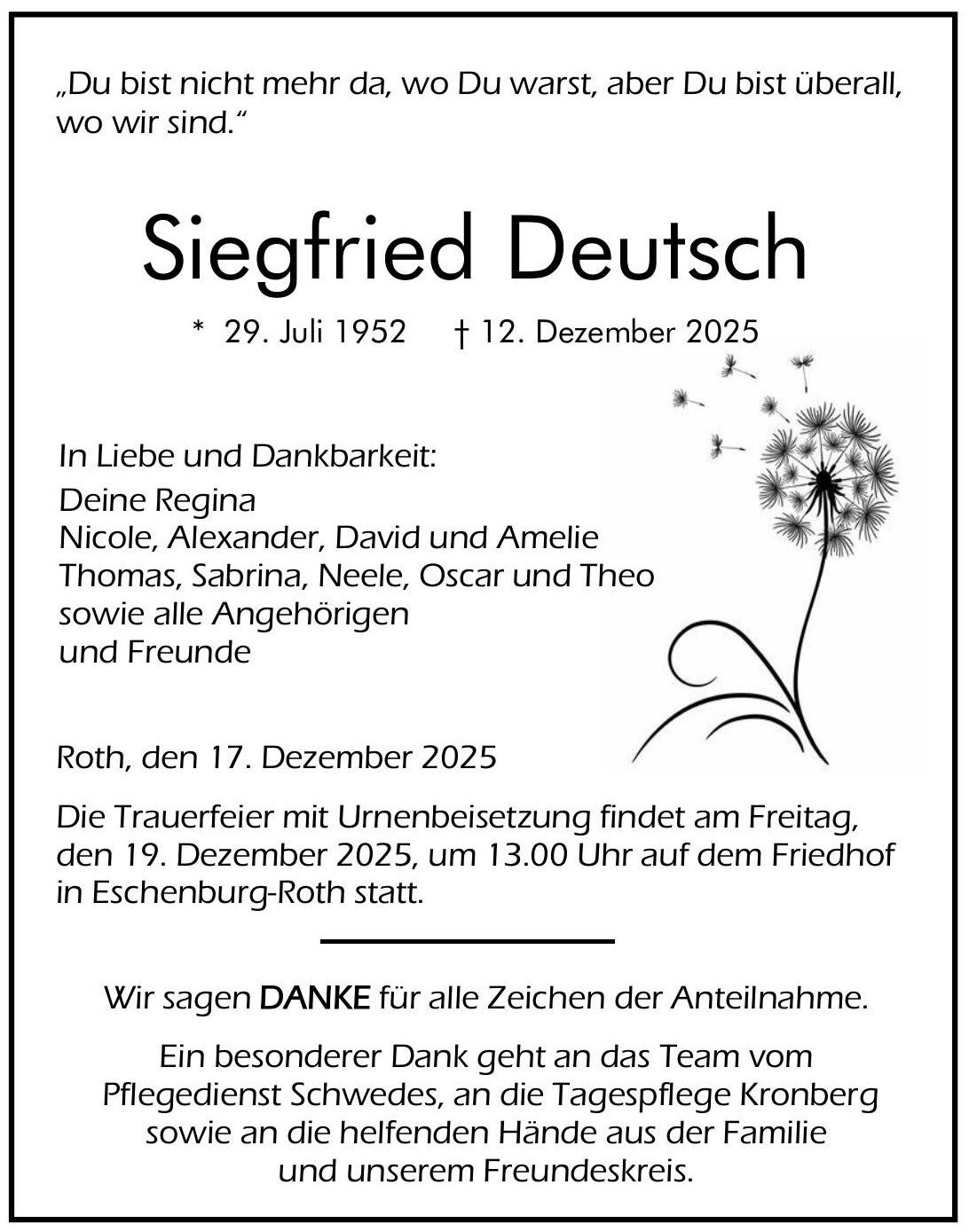 Traueranzeige Siegfried Deutsch