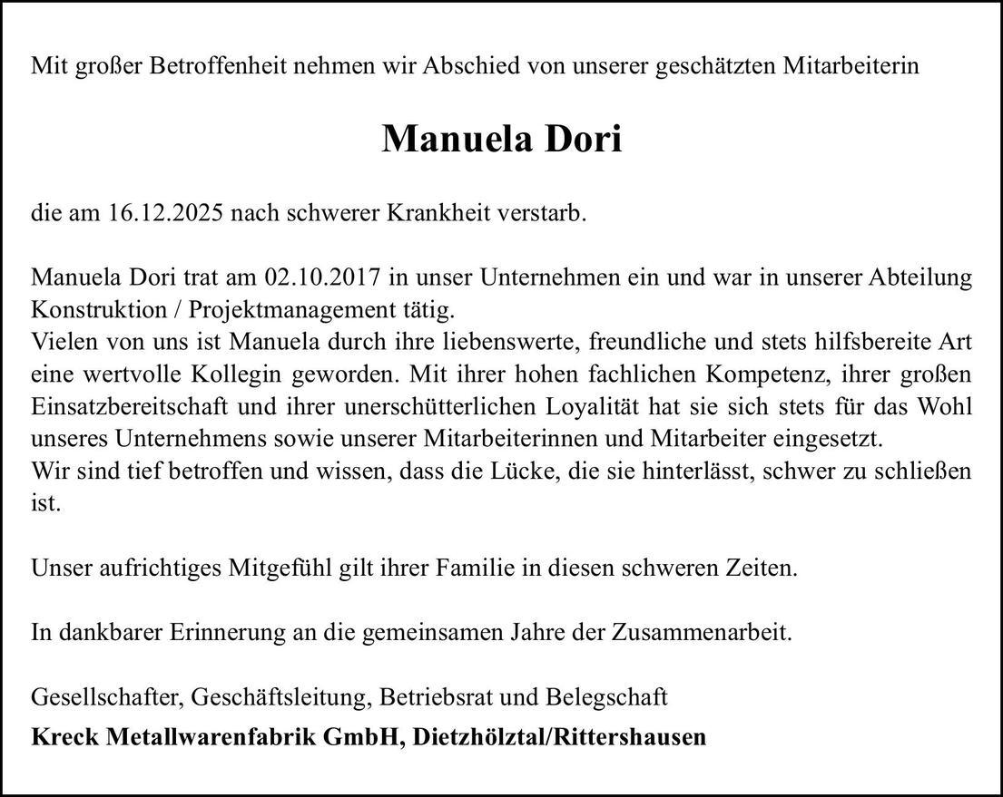 Nachruf Kreck Manuela Dori