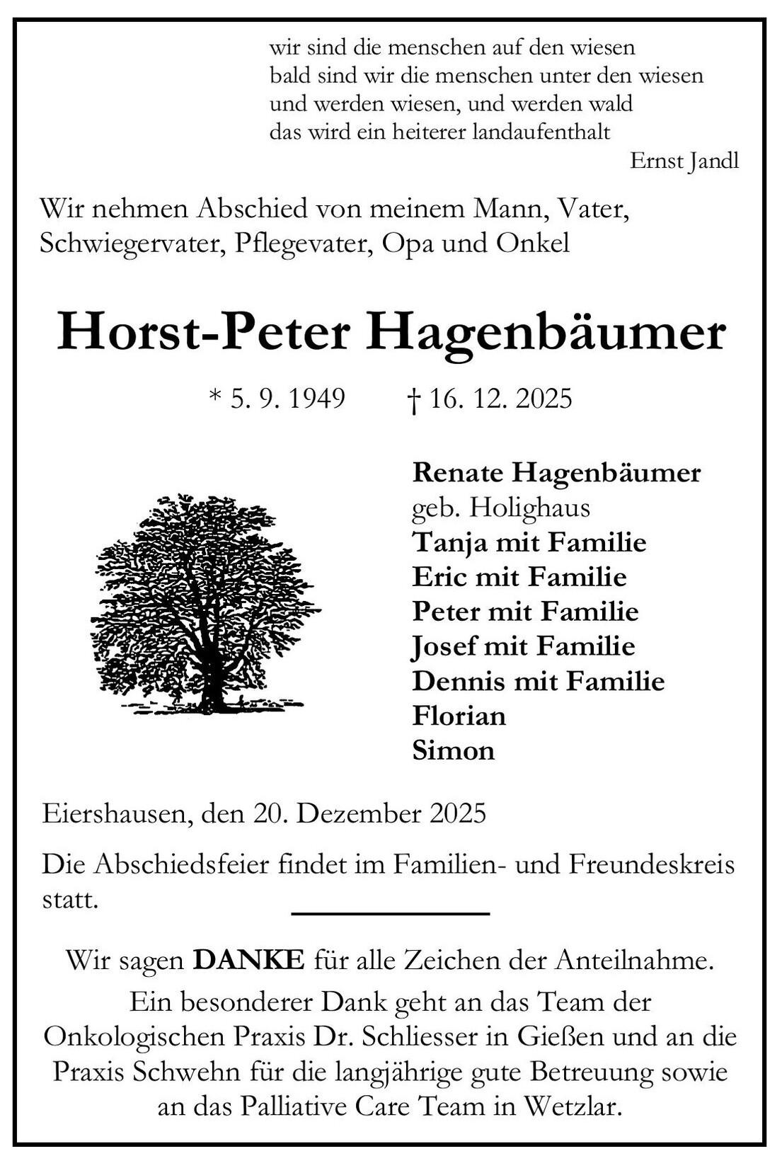 Traueranzeige Horst-Peter Hagenb&auml;umer