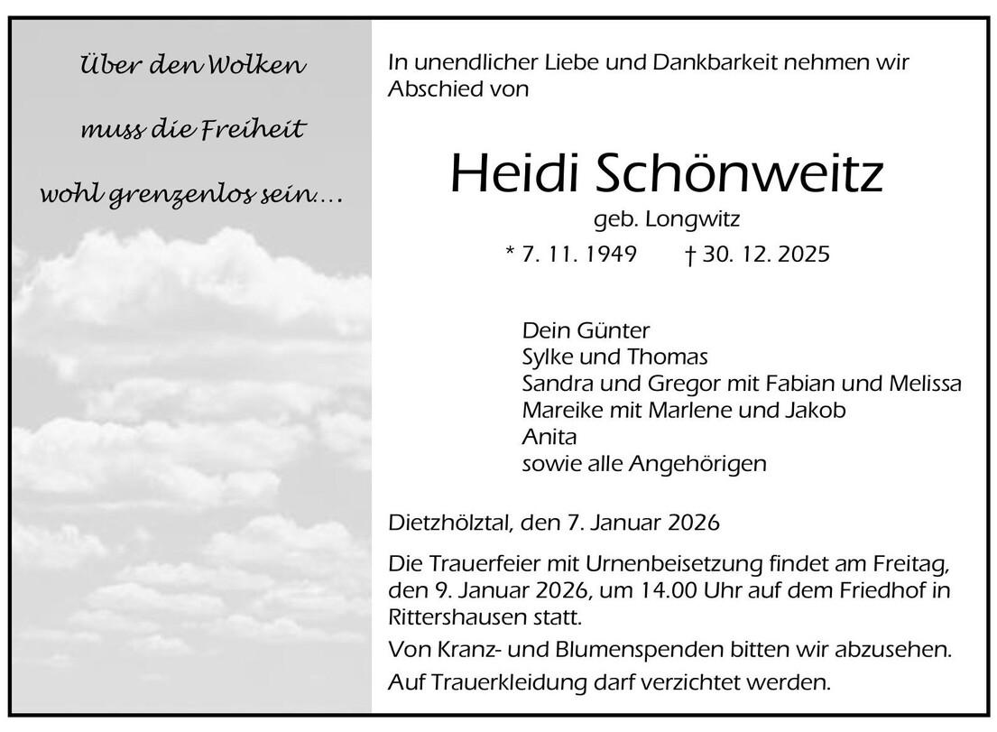 Traueranzeige Heidemarie Sch&ouml;nweitz