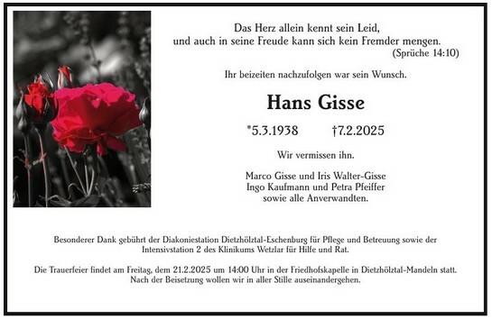 Traueranzeige Hans Gisse
